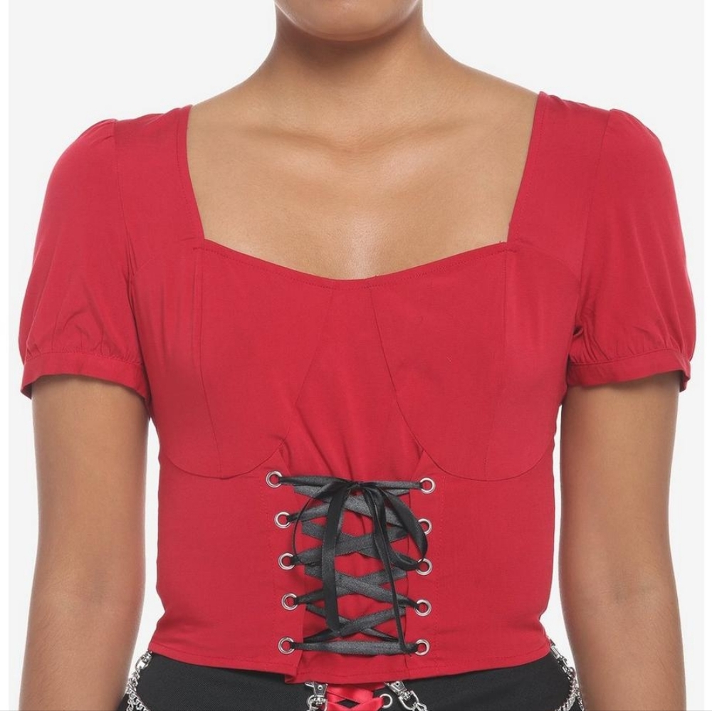 Red & Black Corset Lace-Up Girls Crop Top - small